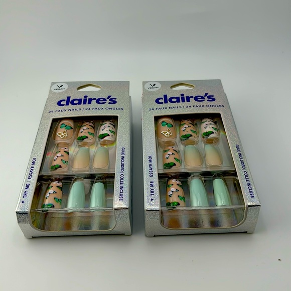 2pcs Claire’s 24 Faux Nails Long Square Multicolor Butterfly Charm Vegan-New - Picture 1 of 6